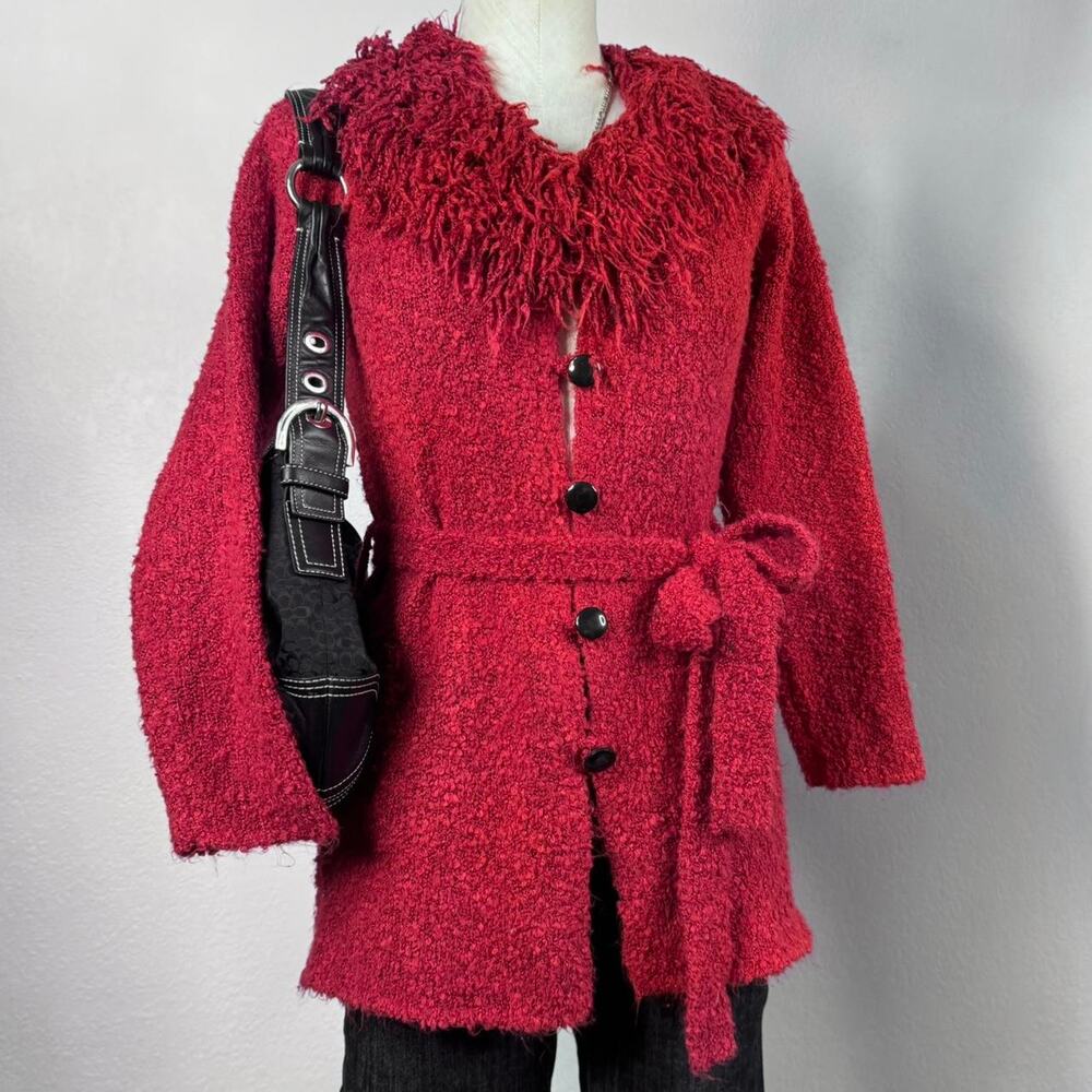 Vintage Y2K Red BouclΓ© Knit Cardigan Sweater with Fringe Collar & Tie Belt Small